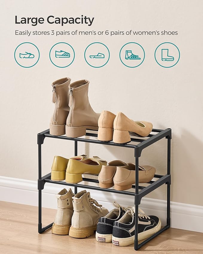 SONGMICS Shoe Rack, 2-Tier Shoe Organizer, Metal Storage Shelf, Upright or Upside Down, for 3-6 Pairs, Stackable, for Entryway, 11.8 x 16.7 x 14.8 Inches, Black ULSA002B01-NeatNest