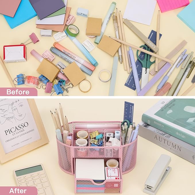 EOOUT Pink Desk Organizer, Pen Holder for Desk and Accessories, Mesh Desk Organizer with 8 Compartments and 1 Drawer for Office Home School Classroom-NeatNest