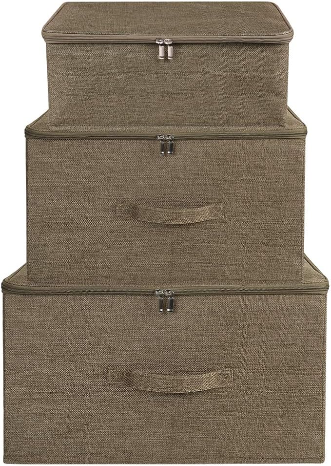 ANMINY 2PCS Storage Bins with Zipper Lids 13 Qt Lidded Fabric Storage Boxes Baskets Cubes with Handles Collapsible Washable Cotton Linen Closet Shelf Clothes Organizer Containers - Coffee, Small-NeatNest