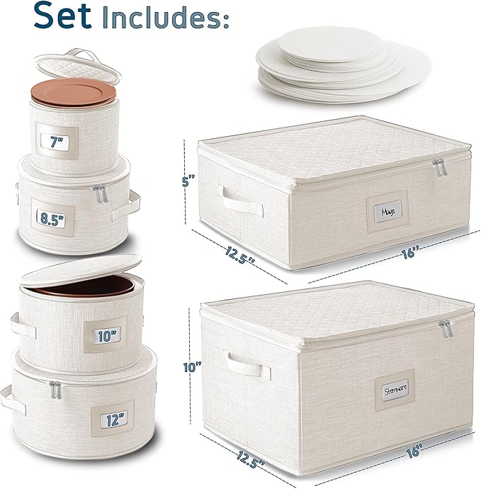 Hearth & Harbor Fine China Storage Containers, 6 Piece Dish Storage Containers, Stackable Plate Storage, Coffee Mug Storage and Wine Glass Storage Box with Dividers, Quilted Dish Organizers, Cream-NeatNest