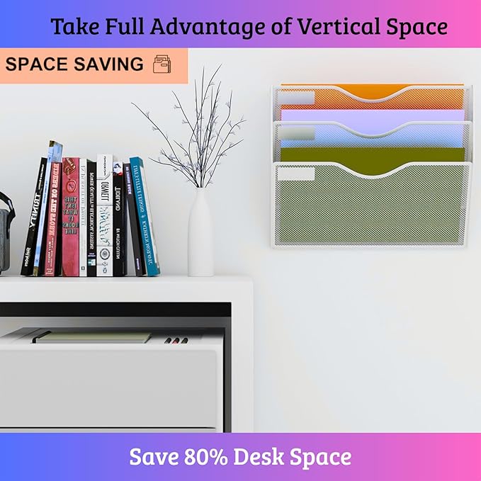 3 Pocket Wall File Holder Organizer, Mesh Hanging Wall Mounted Document Paper Folder Filing Magazine Rack with Nametag Label for Office Home School, 3 Tier White
