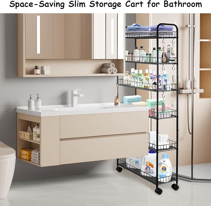 6 Tier Slim Storage Cart with Wheels Metal Rolling Organizer Utility Cart Narrow Mobile Shelving Unit Tiered Storage Shelf on Wheels for Kitchen Bathroom (Black, 10")