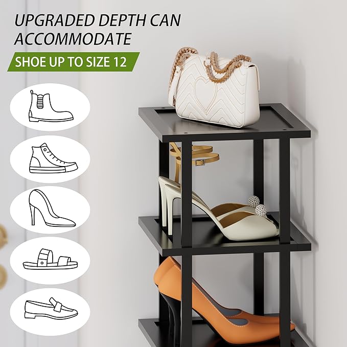 Vertical Tall Shoe Rack Organizer for Entryway -7 Tier Free Standing Slim Narrow Bamboo Wood Corner Stackable Shoe Boots Storage Stand Small Spaces for Closet Garage Cloakroom Living Room (Black)-NeatNest