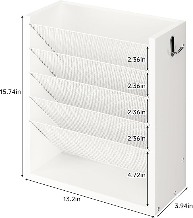 Hanging Wall File Organizer, 6 Tier Wood Wall File Holder with 2 Hooks, Mail Organizer Wall Mounted with Bottom Flat Tray, Vertical Paper Desk Storage for Office, Home, White