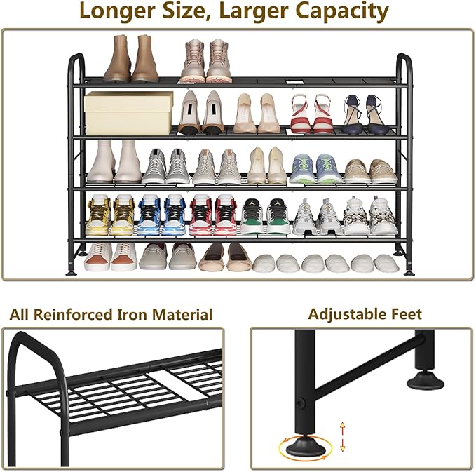 LINZINAR Shoe Rack Long 4 Tier Shoe Storage Organizer Metal Wide Shoe Shelf for Closet Entryway Bedroom 24 Paris Large Capacity, Gold Black-NeatNest