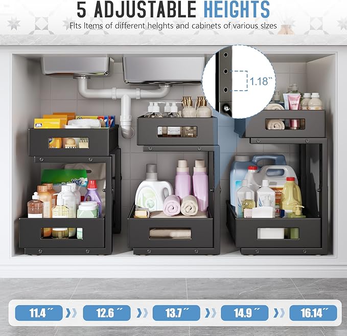 2-Pack Under Sink Organizers And Storage,Large Capacity 2-Tier Pull-Out Cabinet Organizer With Upgraded Tube Rails,Adjustable Height Sliding Drawers,Sturdy Mesh Shelves For Kitchen&Bathroom-Black-NeatNest