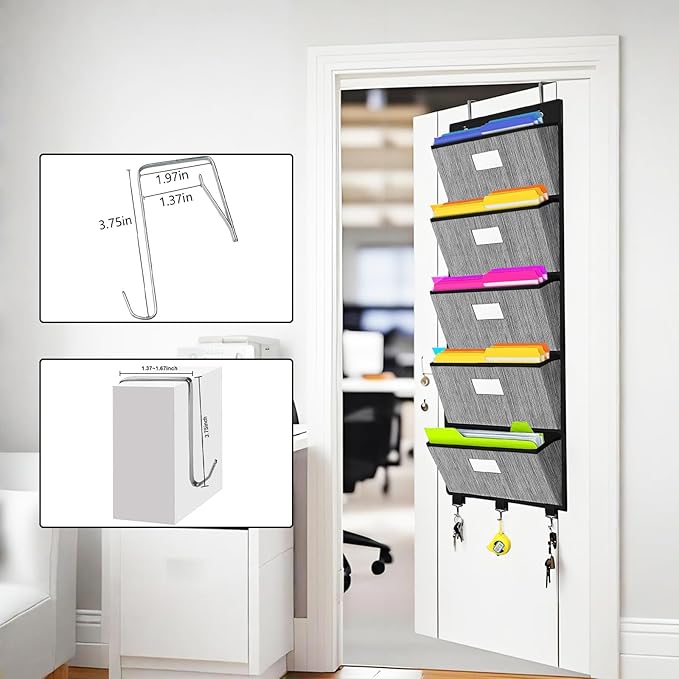 homyfort Over the Door File Organizer, Hanging File Folders, Wall Organizers and Storage for Mail, Magazine, Notebooks, Planners, Office, Classroom, 5 Extra Large Pockets, 50.39” Tall (Black)-NeatNest