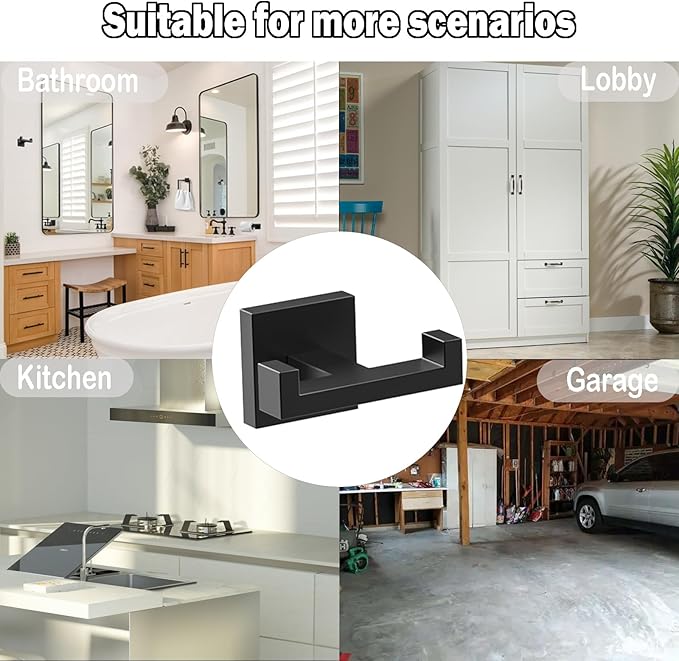 BOZWELL Double Towel Hooks for Bathroom Matte Black Wall Mount，Simple Modern Square Style Coat Robe Hook，Stainless Steel Heavy Duty Door Hanger for Bathroom Bedroom Kitchen Hotel Pool 1502-B-1