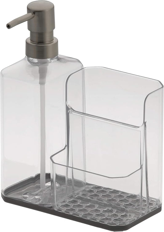 Spectrum HEXA Sponge & Brush Organizer With Soap Pump, Kitchen Sink Organizer With Refillable Soap Pump, Sponge & Dish Brush Holder Easy-Clean Sink Organization & Dish Brush Holder with Removable Base