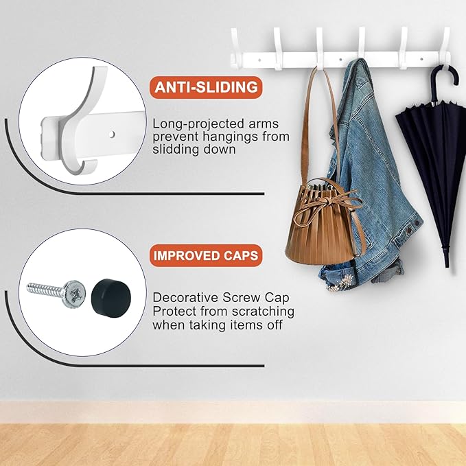 Coat Rack Wall Mounted,6 Coat Hooks for Hanging Coats,Heavy Duty Metal Double Hook Rack Hook Rail,Coat Rack with Hooks,Wall Mount Coat Hanger for Hat Towel Purse Robes (2 Pack White, 6 Hooks)-NeatNest