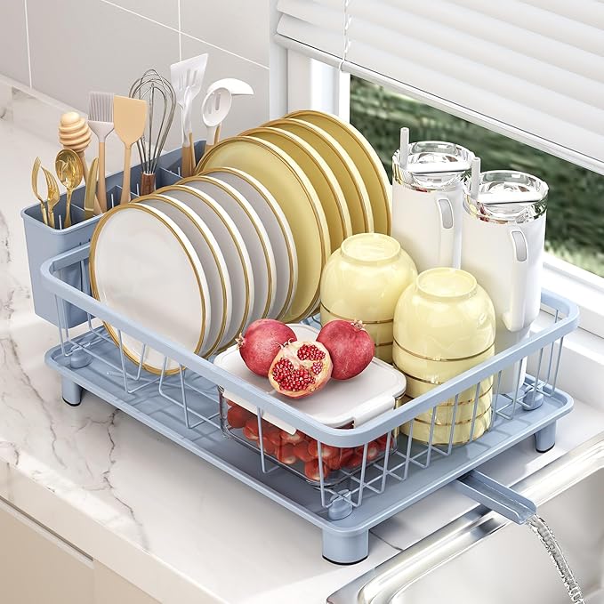 Blue Dish Drying Rack, Dish Rack,Space-Saving Dish Racks for Kitchen Counter with Utensil Holder,Gifts for Women Mothers Day, Kitchen Gadgets & Decor-NeatNest