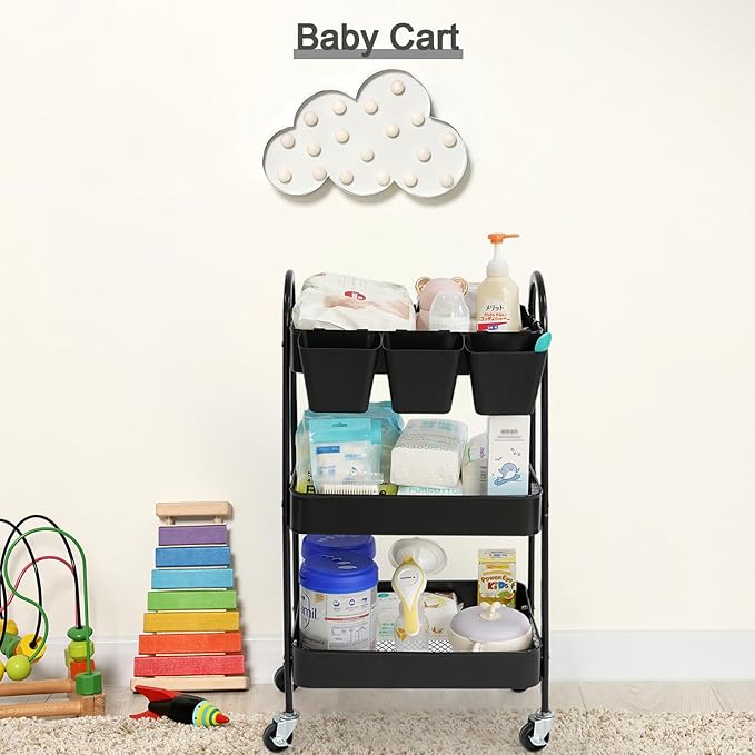 danpinera 3-Tier Rolling Cart, Metal Rolling Storage Cart with Lockable Wheels & Hanging Cups & Hooks, Mobile Trolley Cart for Kitchen, Bathroom, Office, Workshop, Black-NeatNest