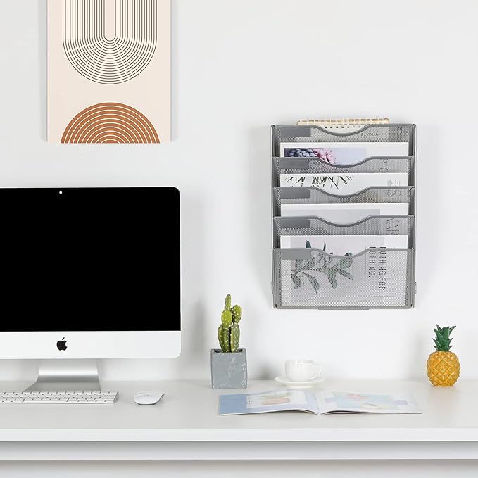 EasyPAG 5 Pocket Wall File Organizer, Silver | Metal Mesh Wall Mounted File Holder | Assembly Hanging Mail Organizer | Replaceable Classify Labels | Office Home Letter Size Paper Storage