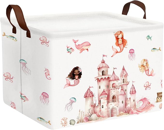 Cute Rectangle Baby Girl Gift Basket Toy Storage Bin Nursery Playroom Bedroom Decor (Pink Castle)-NeatNest