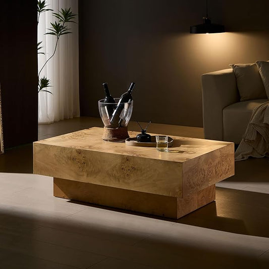 43.31'' Rectangle Fluted Drum Coffee Table for Living Room, Handcrafted Pedestal Accent Coffee Table for Home Office - 43.31'' W x 25.59''D Burl Wood Veneer