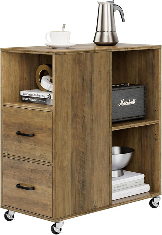 HOSTACK End Side Table, Narrow Nightstand with Storage Drawers and Adjustable Shelf, Rolling Bedside Table for Bedroom, Living Room, Home Office, Rustic Brown