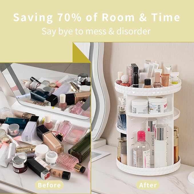 V-HANVER 360 Rotating Makeup Organizer Perfume Organizer White Cosmetic Storage Display Case Large Capacity Acrylic Beauty Holder Adjustable Partition Height for Bedroom Dresser or Bathroom Vanity-NeatNest