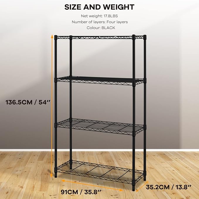 4 Tier Wire Shelving Unit Storage Shelves Shelf Organizer 54"x36"x14" Heavy Duty Metal Storage Rack Wire Rack NSF Height Adjustable for Laundry Bathroom Kitchen Garage Shelving (Black)
