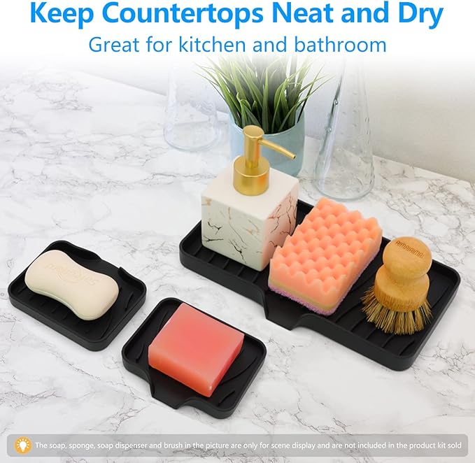 3-Pack Silicone Soap Dish, Sponge Holder for Sink, Kitchen Soap Tray, Bathroom Soap Holder, Sponge Tray with Drain (Black)-NeatNest