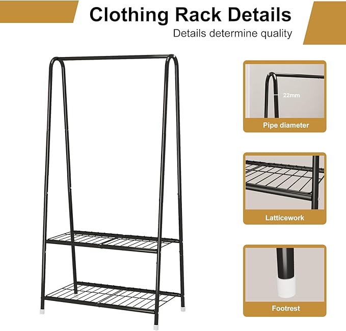 Buzowruil Metal Small Clothes Rack,Clothing Garment Rack with Double Layer Shelf for Clothes,Dress, Shoes,Black-NeatNest