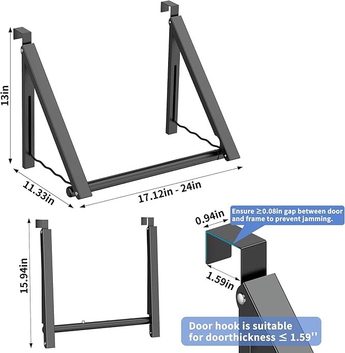 Over The Door Drying Racks for Laundry, Expandable Foldaway Clothes Rail, Suitable for Doors in Bedrooms, Dorms, and Bathrooms, 2 Racks and a Rod, Black