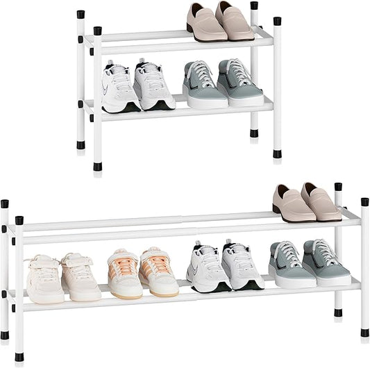 STORAGE MANIAC Expandable Shoe Rack, 8 Pairs Stackable Small Shoe Rack, Metal Adjustable Shoes Organizer for Closet, Entryway, Hallway, Garage, Front Door, Shoes Shelves, White 2 Tier-NeatNest