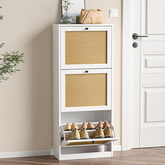 Rattan Shoe Cabinet with 3 Flip Drawers,Narrow Shoe Rack Cabinet with Adjustable Shelves,3 Tier Shoe Storage Organizer for Hallway,Entrance,White-NeatNest