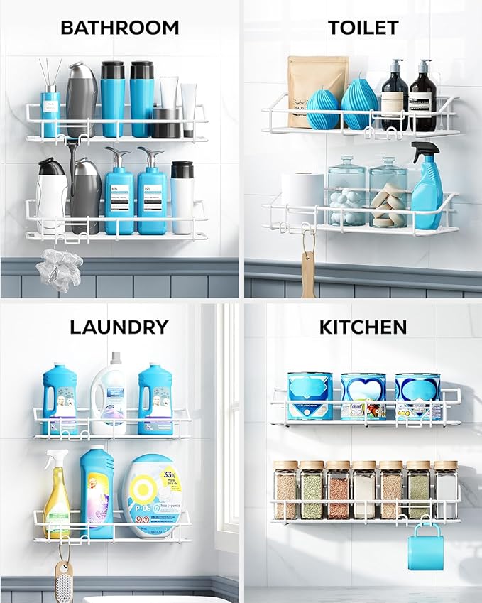 Nieifi Shower Caddy Shelf with Hooks Storage Rack Organizer Adhesive Stainless Steel Without Drilling for Bathroom, Lavatory, Washroom, Restroom, Shower, Toilet, Kitchen - 2 Pack (White)-NeatNest