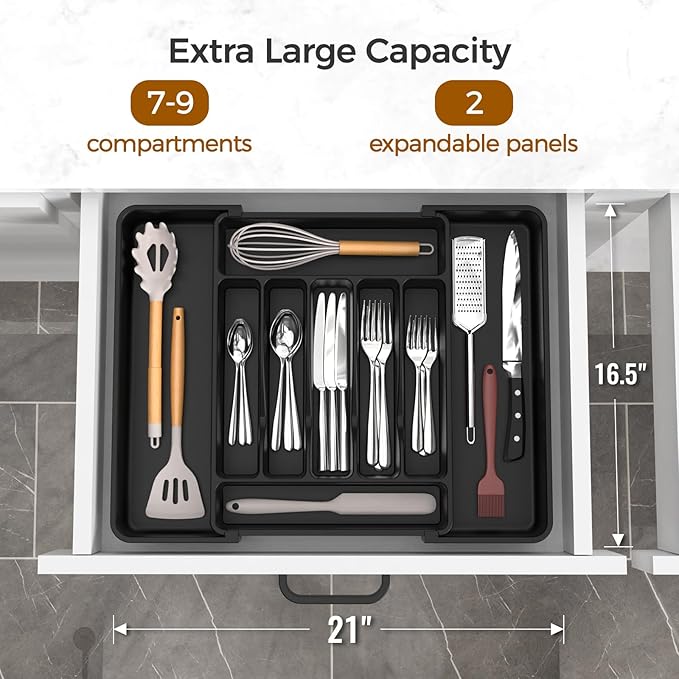Extra Large Expandable Silverware Organizer, BPA-Free Food-Safe Cutlery Flatware Organizer, Kitchen Utensil Drawer Organizer, Adjustable Silverware Holder for Spoons Forks Knives, Black-NeatNest