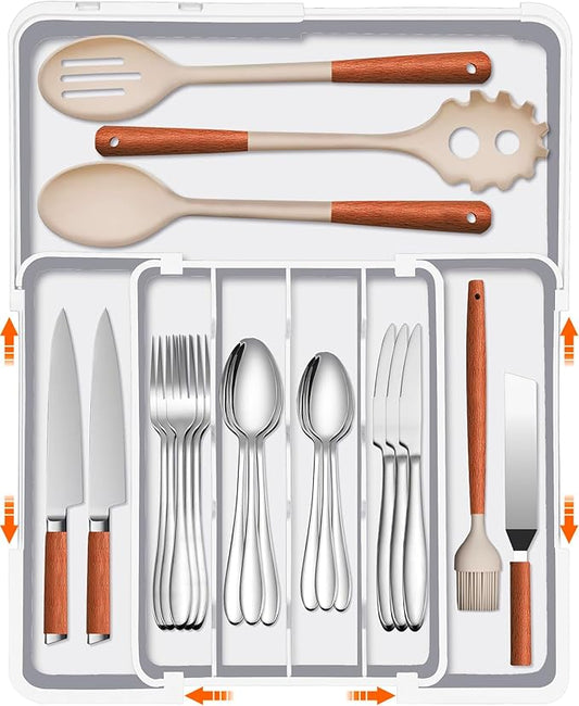 Adjustable Kitchen Utensil Organizer Plastic Silverware Drawer Organizer, Expandable Cutlery Drawer Organizer BPA Free Flatware Tray for Spoons Forks Knives Organizers Divider, White-NeatNest