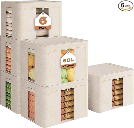 6Pack 60L Large Cloth Storage Bins with Metal Frame, Linen Storage Box with Clear Window, Stackable Sweater Storage for Closet, Clothes Storage Containers for Comforters, Blankets, Quilts, T-shirt-NeatNest