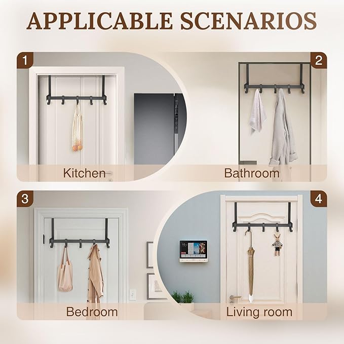 18" Over The Door Hook Rack with 5 Movable Hooks, Soft Iron Finish, for Bedroom, Bathroom, Walk-in Closet, Laundry Room and More - Black-NeatNest