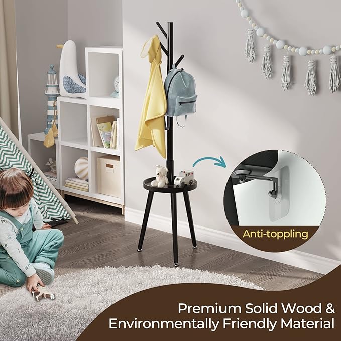 GREENSTELL Coat Rack with 8 Hooks, Wooden Coat Rack Freestanding with Shelf, Coat Tree with 4 Height Options 50.5"-72.6", Coat Hanger Stand for Bags, Clothes, Umbrellas, Hats, in Home, Black-NeatNest