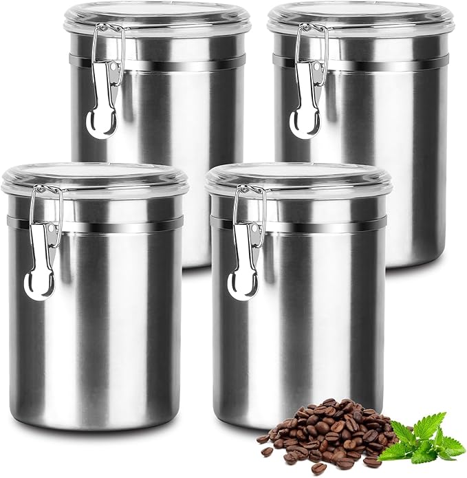 Coffee Canister 4 Pcs Stainless Steel Food Container with Clear Lids Airtight Container Stackable Canisters Kitchen Pantry Storage for Cereal, Snacks, Candy, Herbs, Spices, Sugar, Tea (1.8L Silver-4)-NeatNest