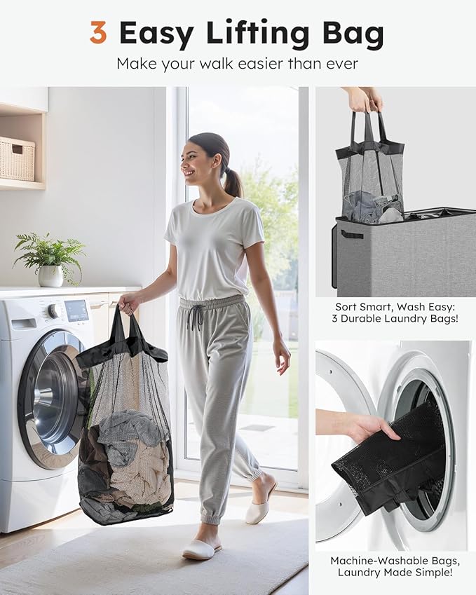 SOLEDI 180L Laundry Hamper 3 Section, Extra Large Laundry Hamper with Lid, Dirty Clothes Hamper with Sturdy Handle, Large Laundry Basket Organizer for Laundry Room, Bedroom, Hampers for Laundry-NeatNest
