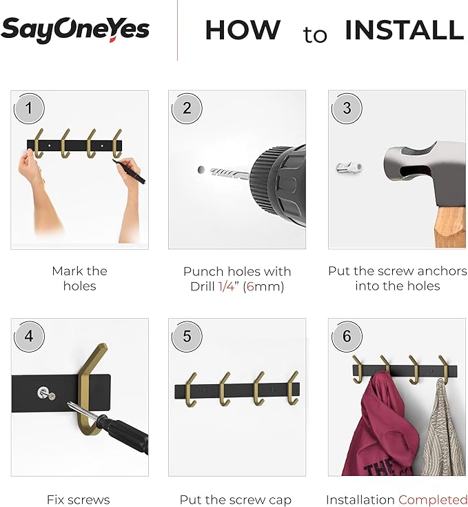 Coat Rack Wall Mount – Black and Gold Hook Rail with 4 Double Coat Hooks, 12 Inch Stainless Steel Wall Hooks for Entryway, Bathroom, Bedroom, Closet, Towel, Hat, Bag, Heavy Duty Organizer-NeatNest