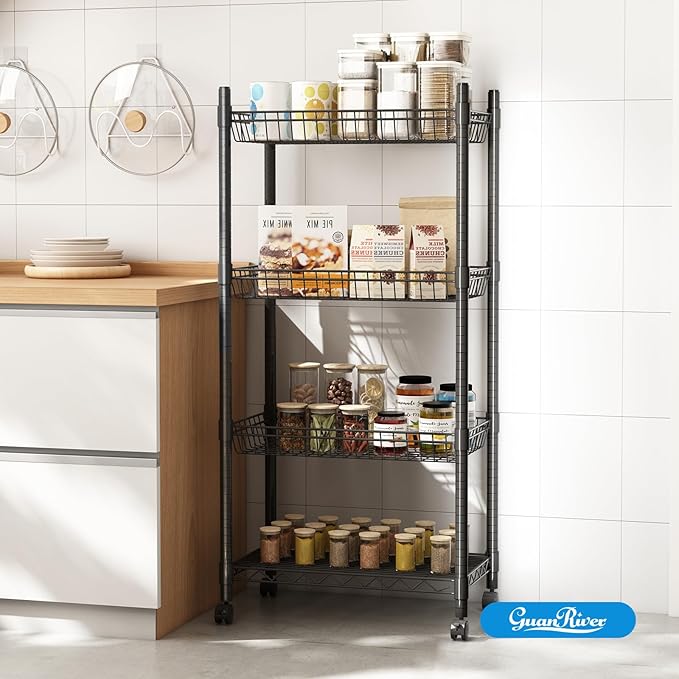 4 Tier Wire Shelving Wire Basket Shelf Storage Cart Adjustable Metal Shelf 2 Bottoms for Choose(Castor or Leveling Feet) for Office,Kitchen,Bedroom,Black(23.23" L x 13.11" W x 49.21" H)