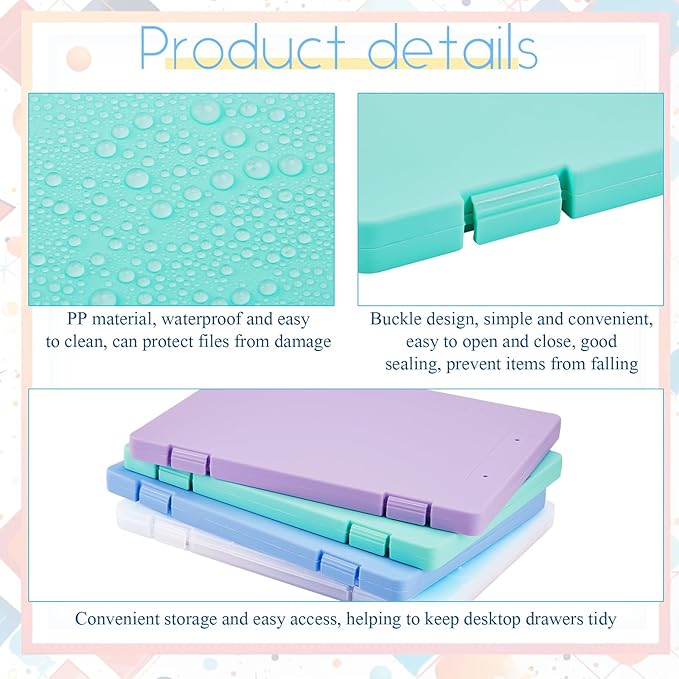 Zhanmai 4 Pcs A4 Paper Organizer Box, Plastic Scrapbook Paper Storage Box File Portable Project Case for 8.5 x 11 Us Letter, Office Document Case Board Game Magazine Art Storage Container PP Colorful