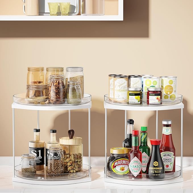 2 Pack 2 Tier Lazy Susan Turntable Organizer – 9.05” Rotating Spice Rack Organizer for Cabinet, Pantry, Tabletop & Counter – Clear Acrylic Lazy Susan for Kitchen, Bathroom & Vanity