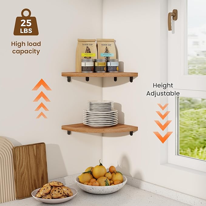 Fun Memories Corner Shelf Wall Mount, Solid Oak Wood Floating Corner Shelves with Cable Hole, 8.5in Rustic Design for Bedroom, Bathroom, Kitchen, Living Room (Natural, 1 Pack)-NeatNest