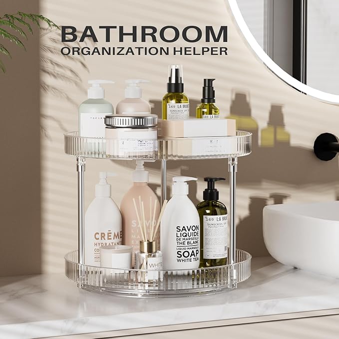 2 Tier Lazy Susan, 360 Degree Rotating Clear Organizer for Table Top, Seasoning, Makeup & Perfume Organizer for Vanity, Counter Organizer Tray for Kitchen, Bathroom-NeatNest