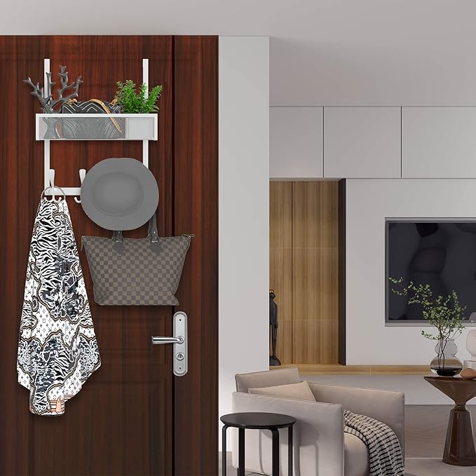 Over The Door Hooks Organizer,Over Door Hanger Towel Rack Mesh Basket with 12 Hooks,Back of Door Storage Organizer for Bedroom,Bathroom,Kitchen,Office(White)