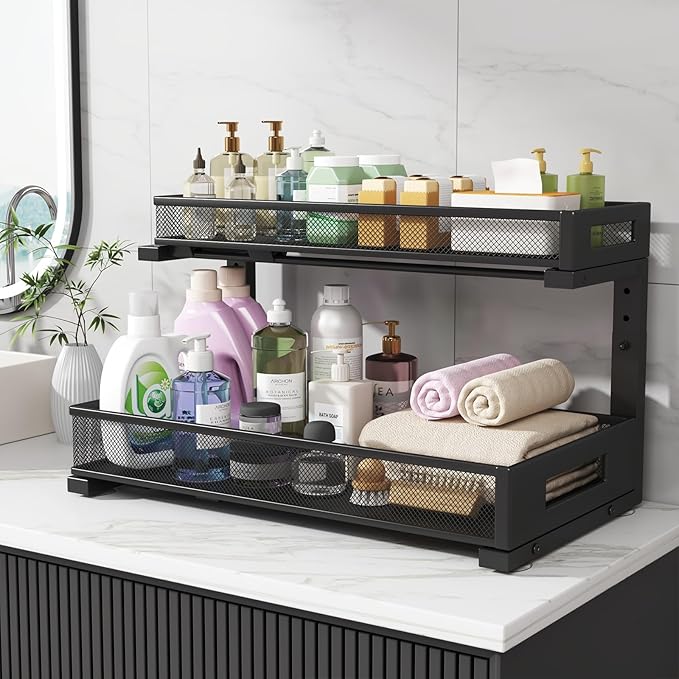 2 Pack 19IN Depth Under Sink Storage Organizer, Large 2-Tier Elegant Mesh Pull Out Shelf for Kitchen and Bathroom Cabinet Organization, L-Shaped and Adjustable Height Design-Black-NeatNest