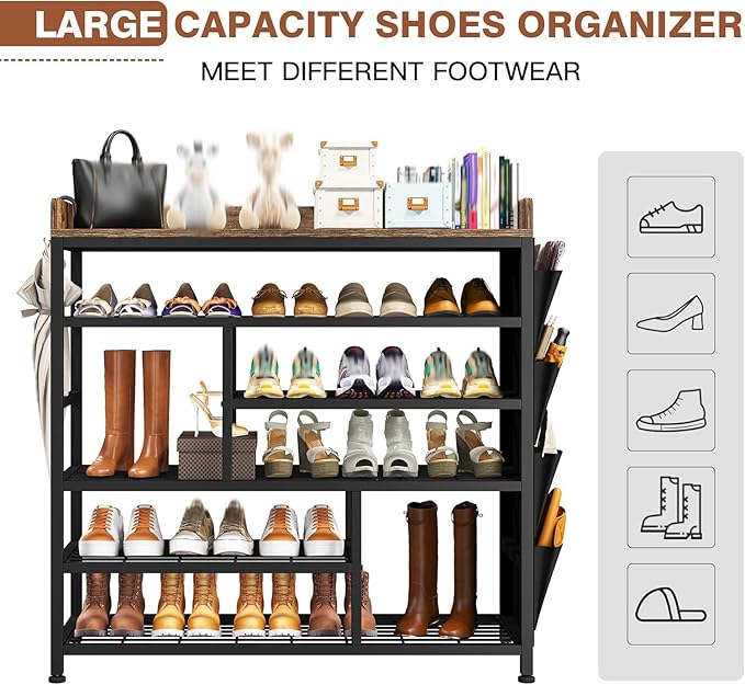 EnHomee Metal Shoe Rack for Entryway, 6 Tier Shoe Storage Organizer Holds 22 Pairs, Wooden Top and Side Pocket for Entry, Entrance, Hallway, Black-NeatNest