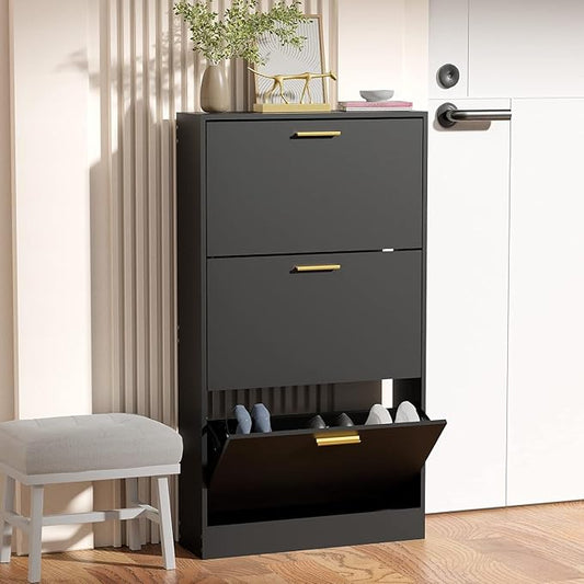 JOZZBY Shoe Cabinet Storage with 3 Flip Drawers for Entryway, Black Slim Freestanding Modern Narrow Shoe Organizer Rack Cabinet for Hallway, Living Room-NeatNest
