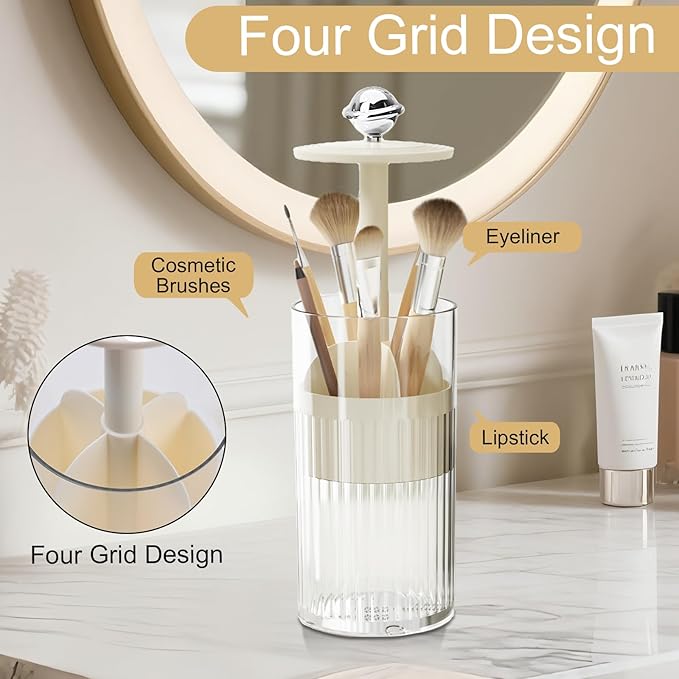 Makeup Brush Holder [Upgrade] with One Touch Open,Makeup Organizer Countertop with Dustproof Lid,Clear Makeup Organizers for Vanity, Desktop, Bathroom (White)-NeatNest