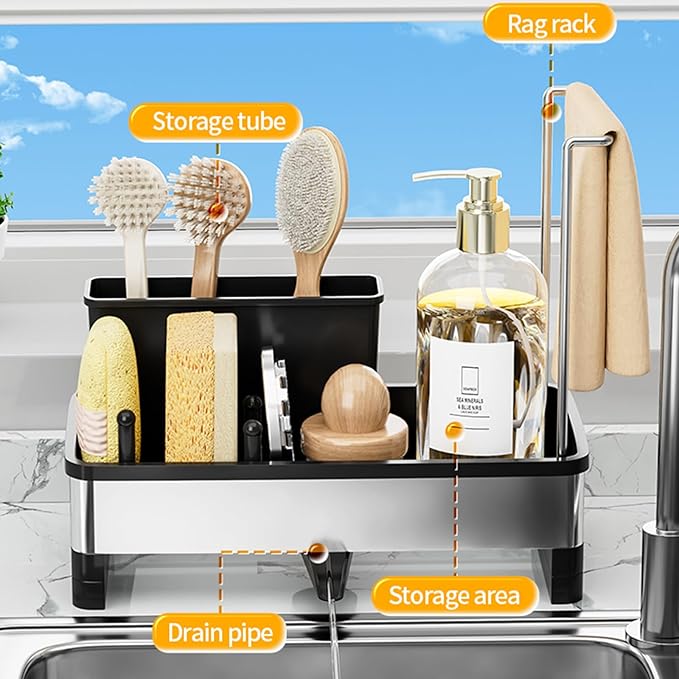 Sponge Holder for Kitchen Sink,Sink Caddy Organizer with Removable Brush Holder,Kitchen Countertop Soap Dispenser Storage with Detachable Towel Rack,Black-NeatNest