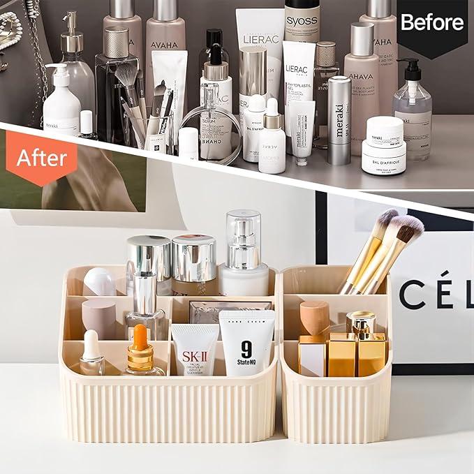 DASITON Large Capacity Makeup Brush Holder,5 Slot Makeup Brush Cup,Vintage striped Make Up Brush Holder,for Vanity Decor,Bathroom Countertops,Desk Storage Container,Cosmetic Display cases(Cream)-NeatNest