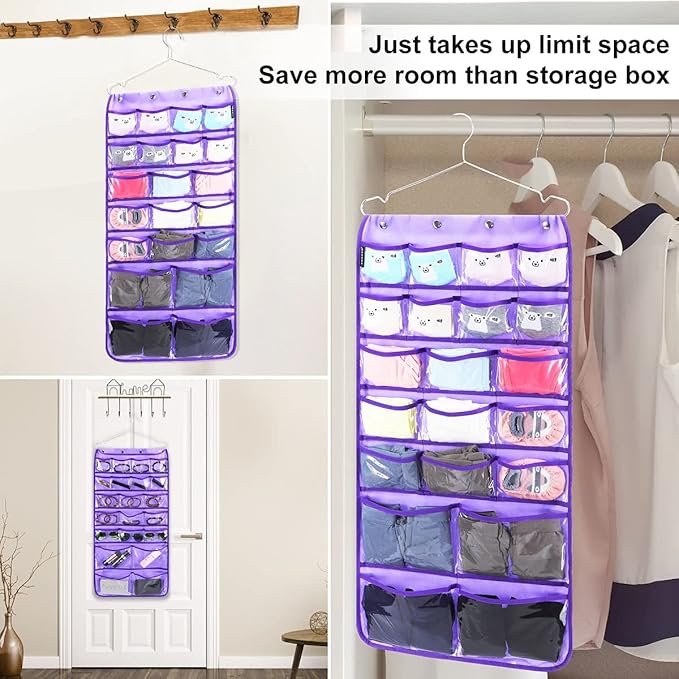 Dual Sided Hanging Organizer for Jewelry Makeup Storage Closet Organizers for Bows Socks Underwear with 42 Clear Pockets (PURPLE)-NeatNest