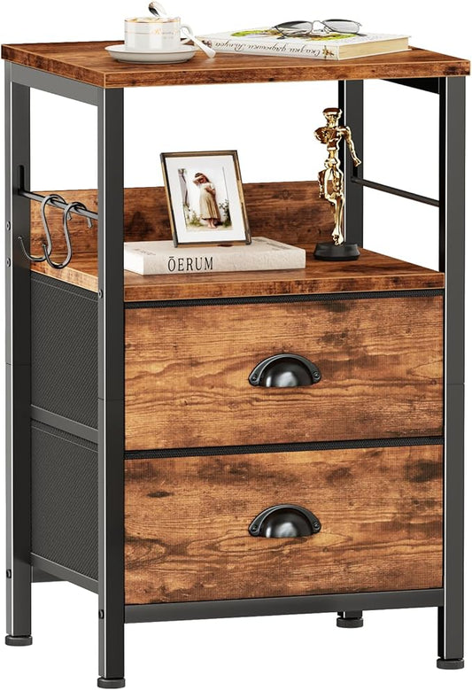Furologee Nightstand with 2 Fabric Drawers, Night Stand with 2-Tier Shelf, Bedside Table with Hooks,Open Wooden Shelf, End Table for Bedroom, Living Room, Backboard Design, Metal Frame, Rustic Brown